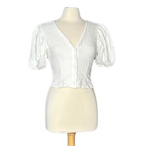H&M White Eyelet Balloon Sleeve Button Front V Neck Blouse S9